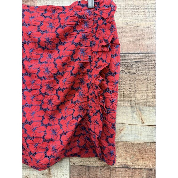 Red Floral Embroidered Skirt With Ruched Side Design & Back Zipper Closure Size - Picture 2 of 8